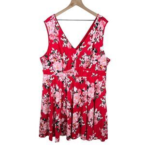 Torrid Womens Red Floral Sleeveless V Neck Contouring Fit & Flare Ponte Dress 24